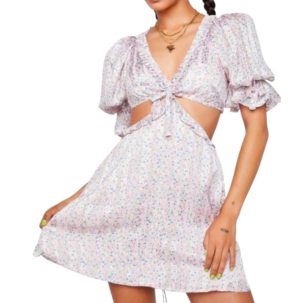 For Love & Lemons Phoebe Mini Dress Pink Floral Cutout Puff Sleeve NWT Small